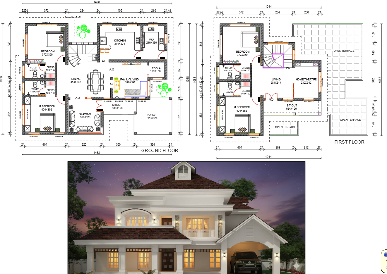 AutoCAD Two Storey House Floor Plan with Room Dimensions Layout