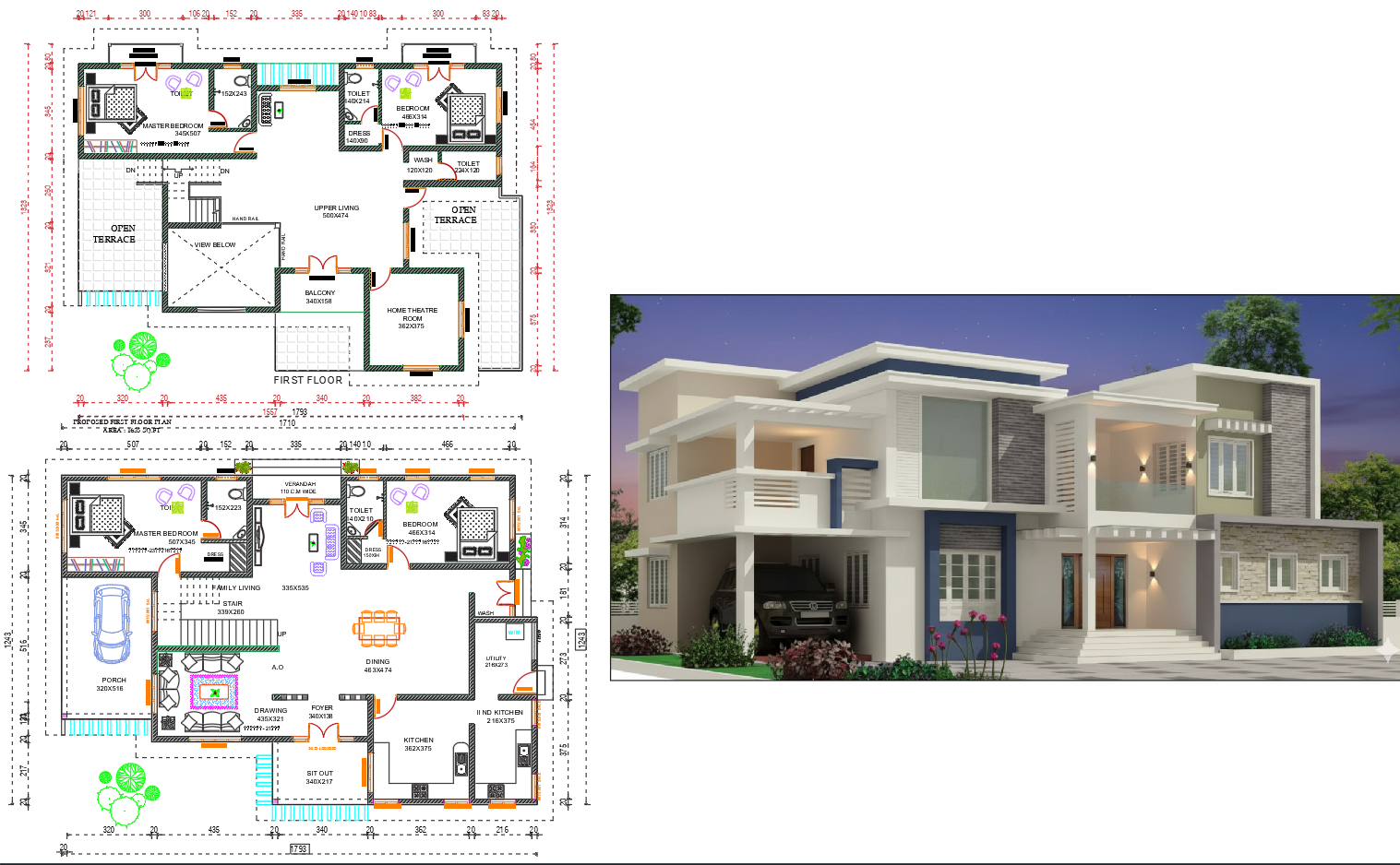AutoCAD Duplex House Floor Plan with Balcony Kitchen and Bedrooms