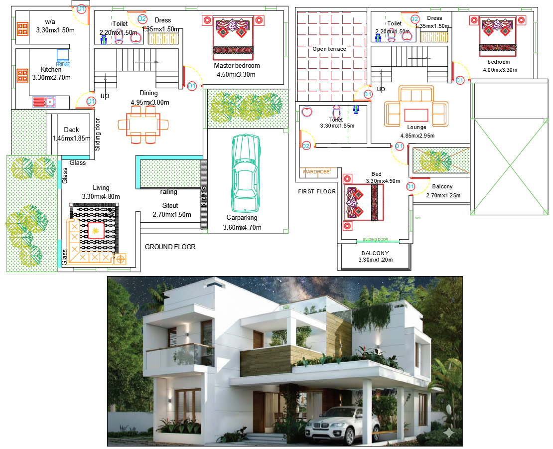 AutoCAD Modern Compact House Floor Plan with Lounge and Balcony