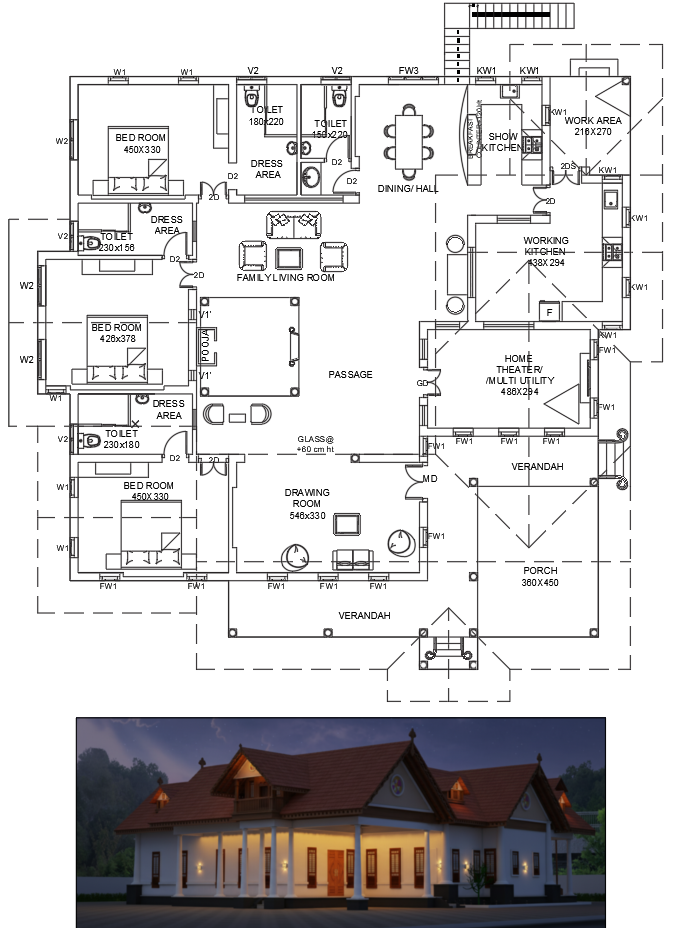 AutoCAD Bungalow House Floor Plan with Bedrooms and Home Theater