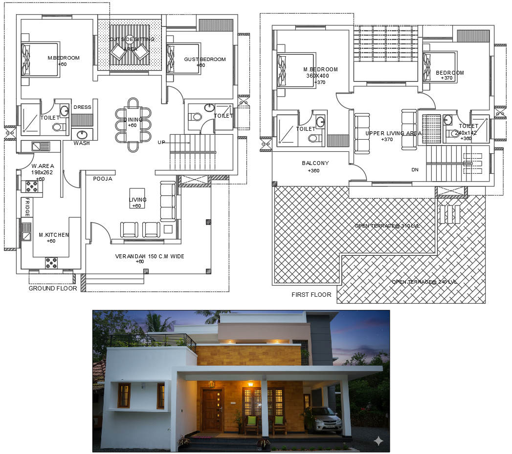 AutoCAD Two Floor House Plan With Balcony And Living Space