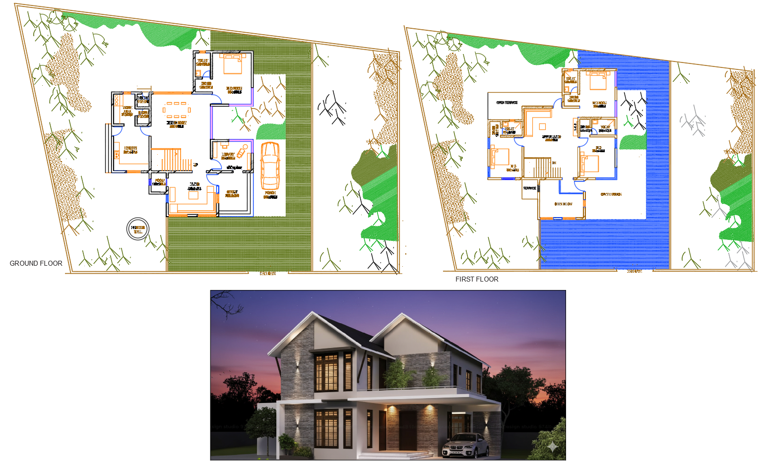 AutoCAD Two Floor Modern House Plan with Living and Kitchen Area