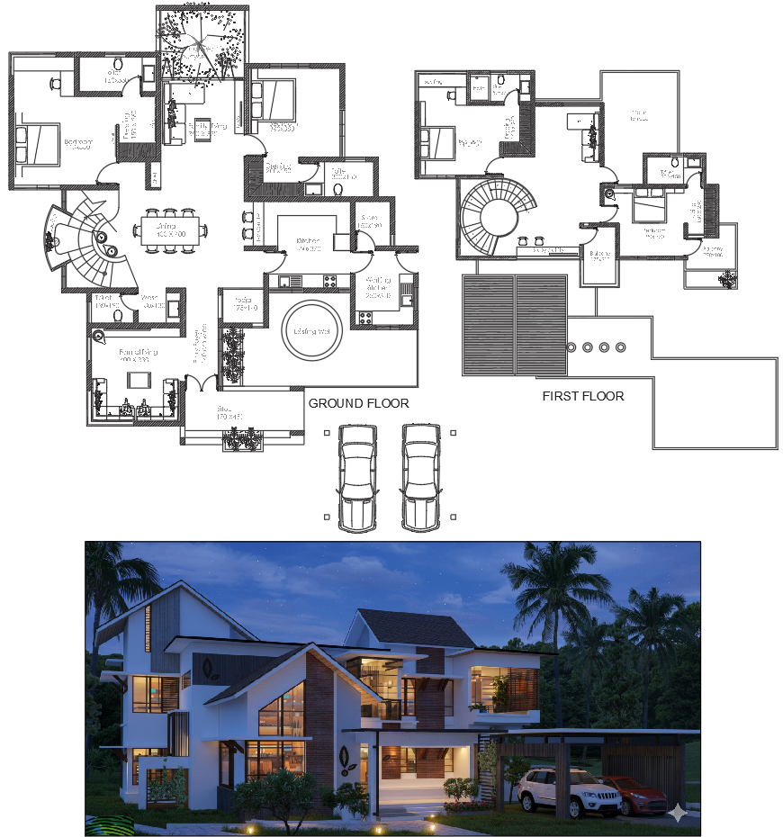Contemporary AutoCAD House Layout with Terrace and Family Lounge