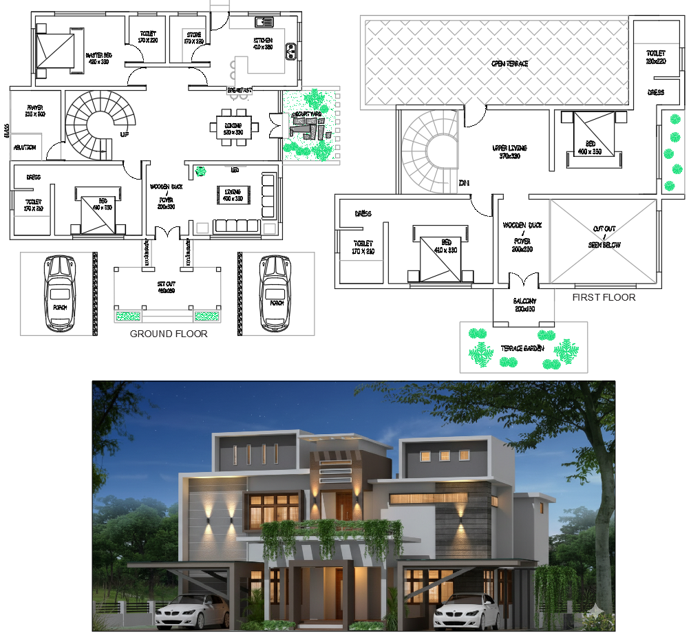 AutoCAD 2 Floor House Plan 3600 Sqft With Living Room and Balcony