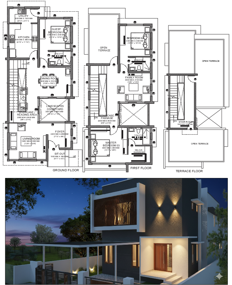 AutoCAD Modern House Plan 3000 Sqft With Courtyard and Bedrooms