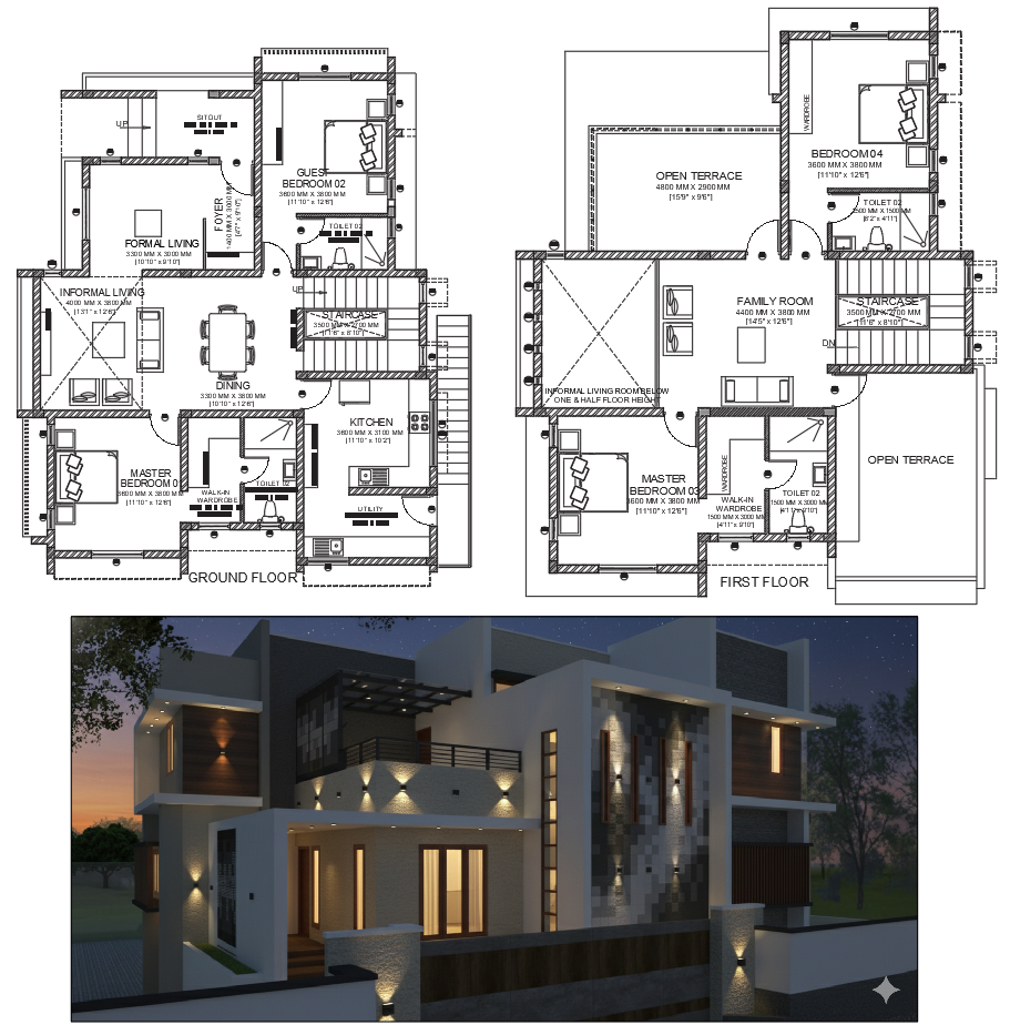 AutoCAD Duplex House Plan 3100 Sqft With Family Room and Terrace