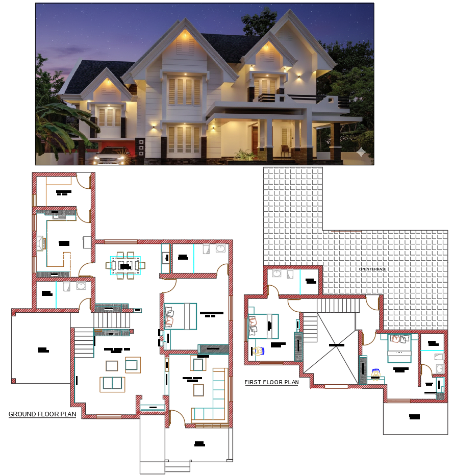 AutoCAD Modern House Plan 3200 Sqft With Family Living and Balcony
