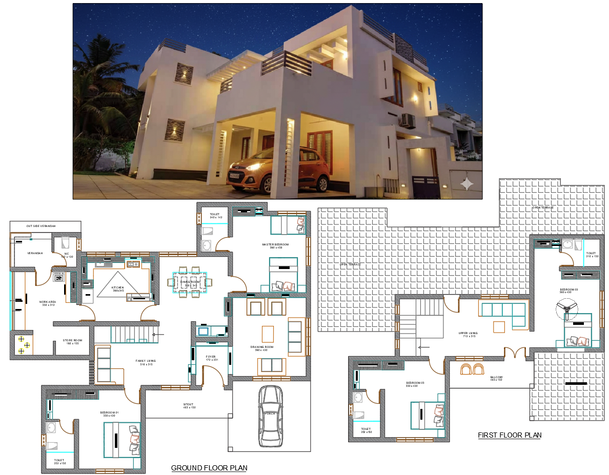 AutoCAD Duplex House Plan 3200 Sqft With Verandah and Bedrooms