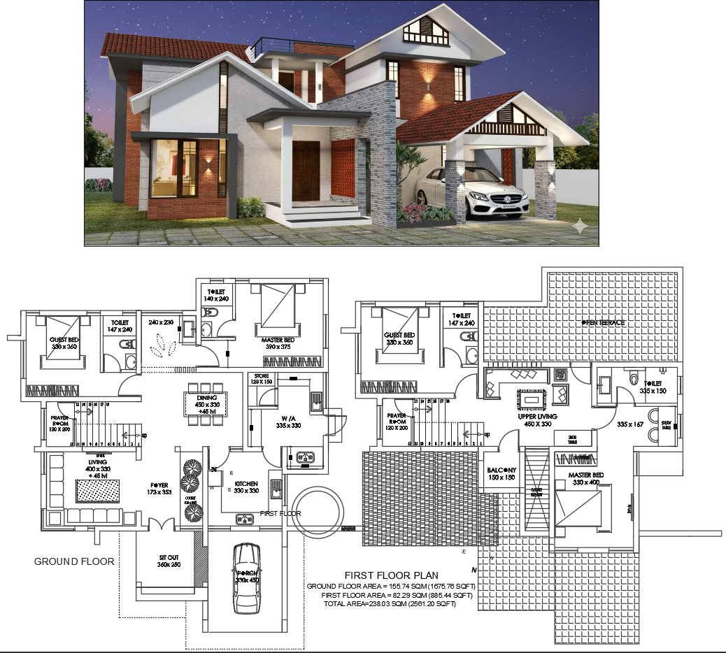 AutoCAD Duplex House Plan 2561 Sqft With Balcony and Bedrooms