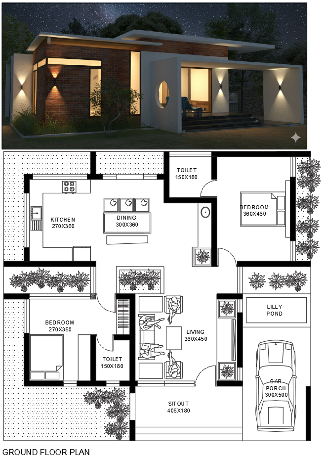 Contemporary 2900 Sqft House Design With Lilly Pond and Sit-Out