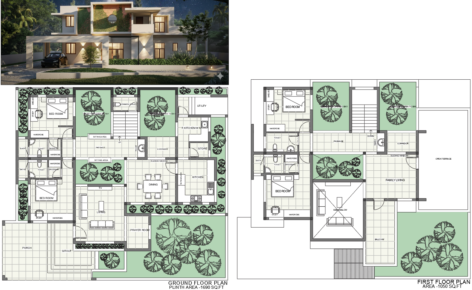 Luxury 2740 Sqft Duplex House Design With Courtyard and Study Room