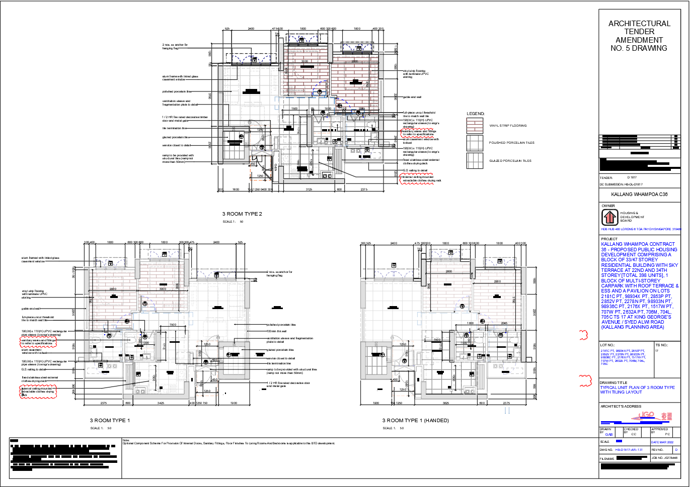 HDB 3 Room Apartment Floor Plan With Tiling and Utility Layout DWG