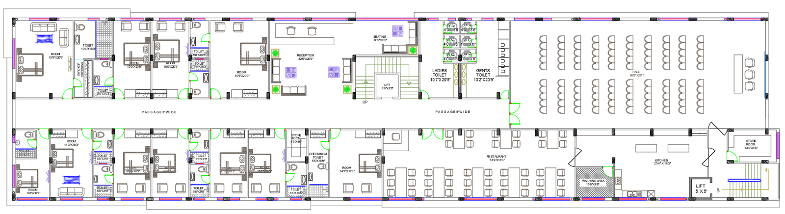 Banquet Hall Layout Plan with Reception Kitchen and Service Rooms
