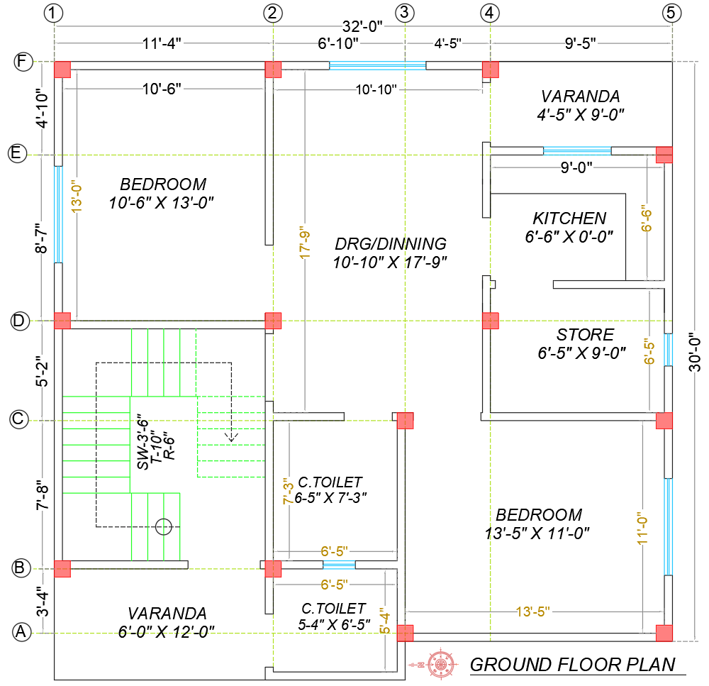 Ground Floor House Plan with Bedrooms Kitchen Store-Verandah Layout