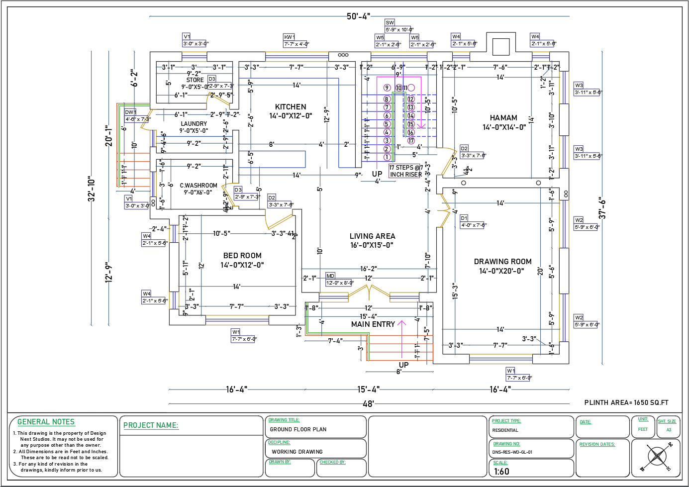Ground Floor House Plan with Drawing Living Room Kitchen-Hamam Area