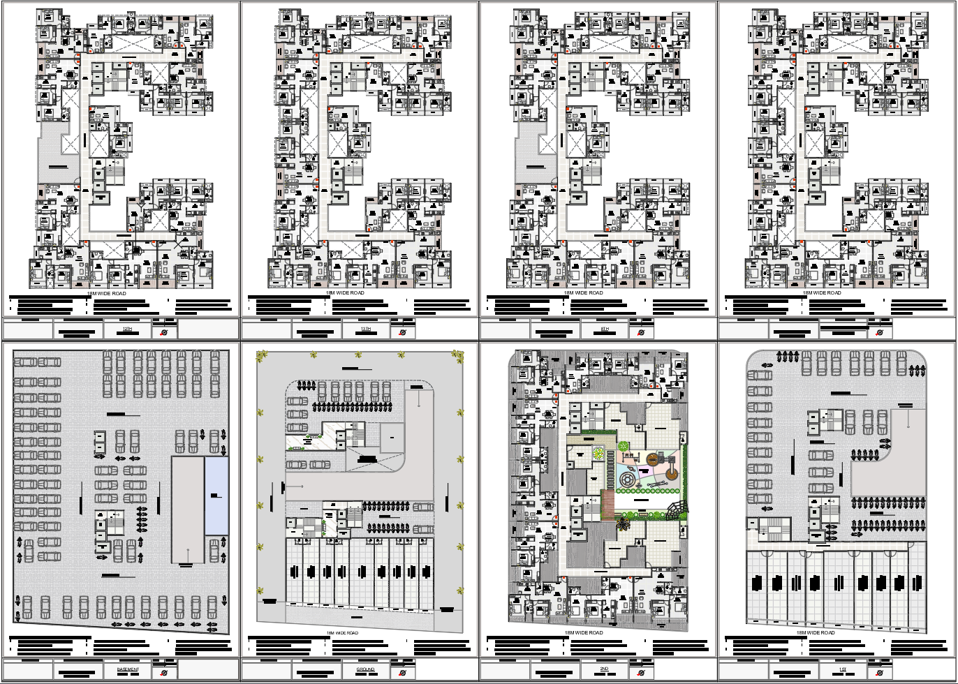 Multi Unit Apartment Floor Plan with 1BHK and 2BHK Flats Layout DWG