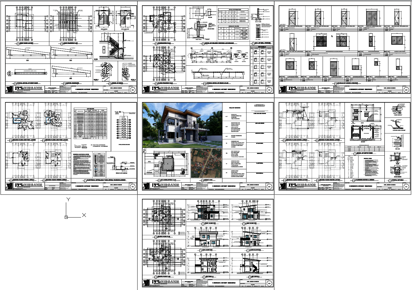Three Storey Residential House Plan with Elevations and 3D View