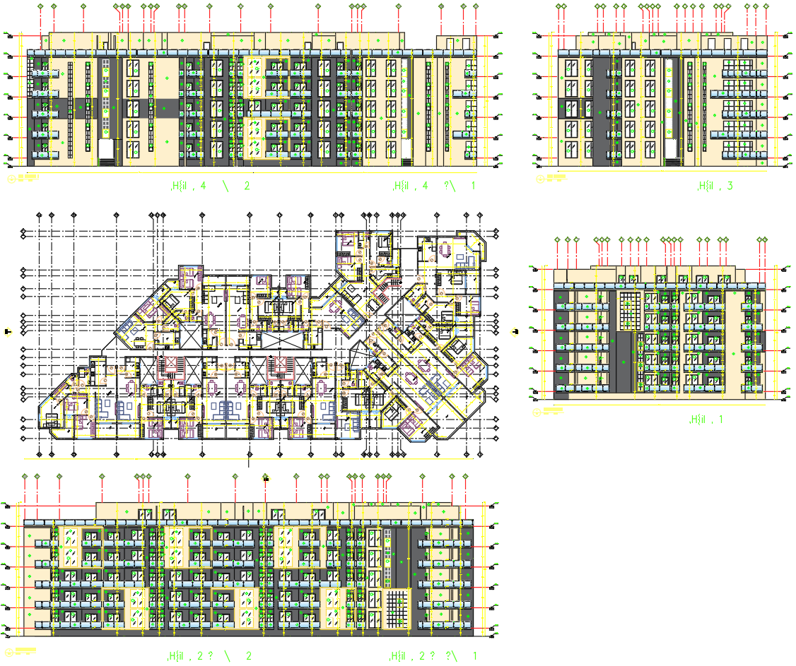 Residential Apartment Building Layout with Elevations and Sections