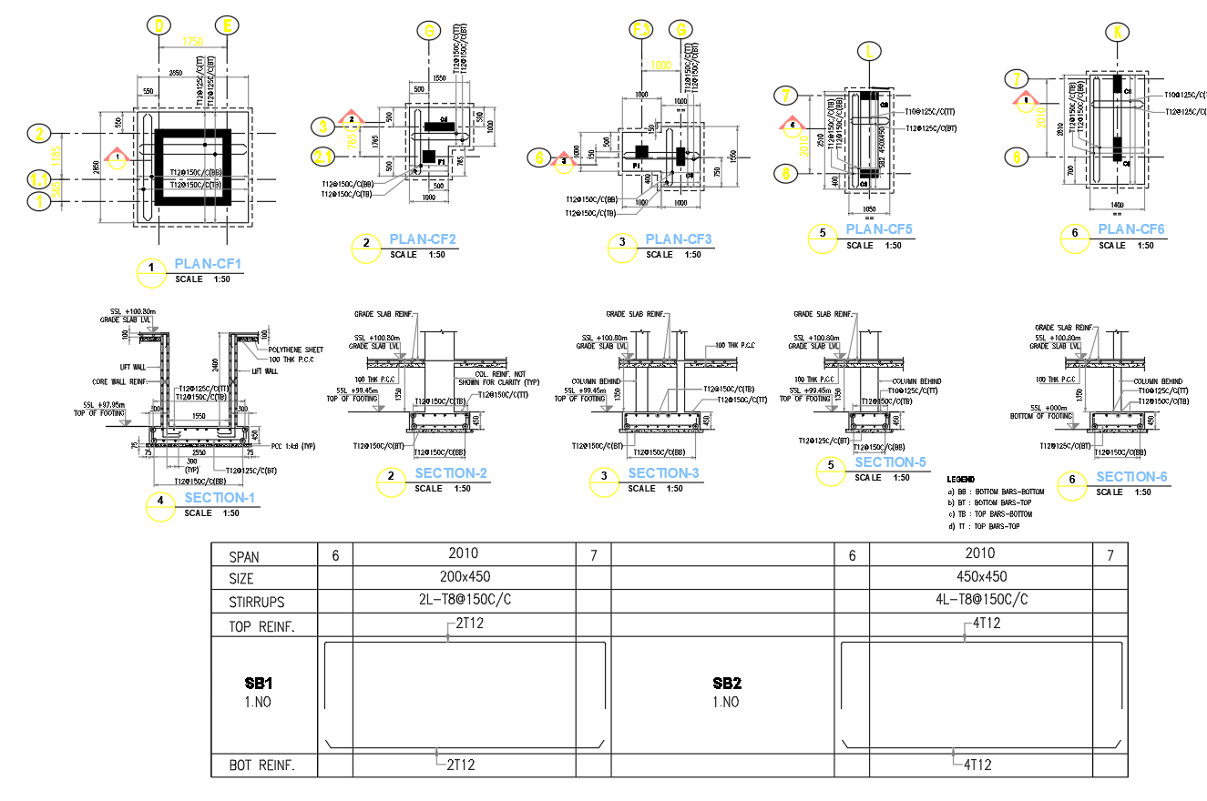 Column Footing Reinforcement Detail Plan 200x450 and 450x450 DWG