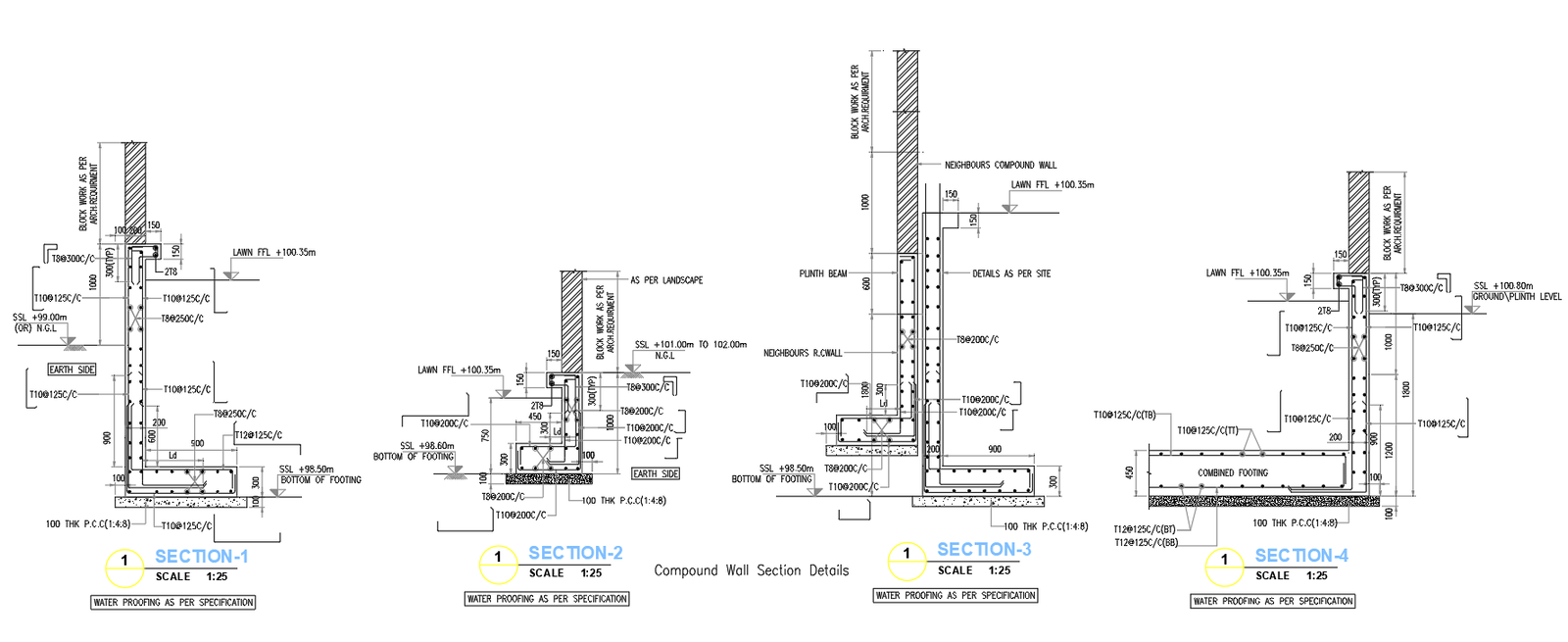 Reinforced Concrete Compound Wall Section Details with Footing Specs