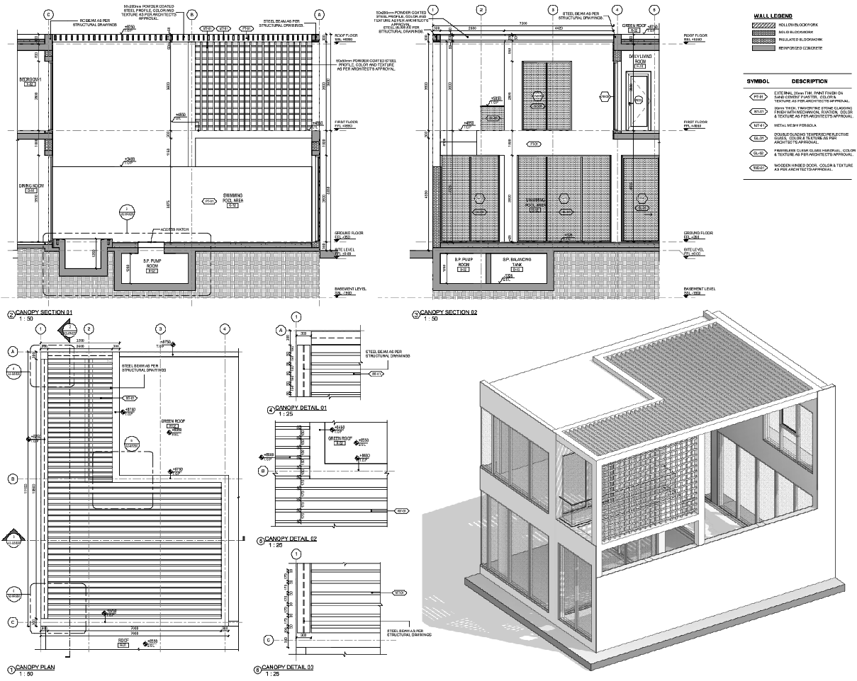 Two Storey House Canopy Structure Detailed AutoCAD Drawing Set