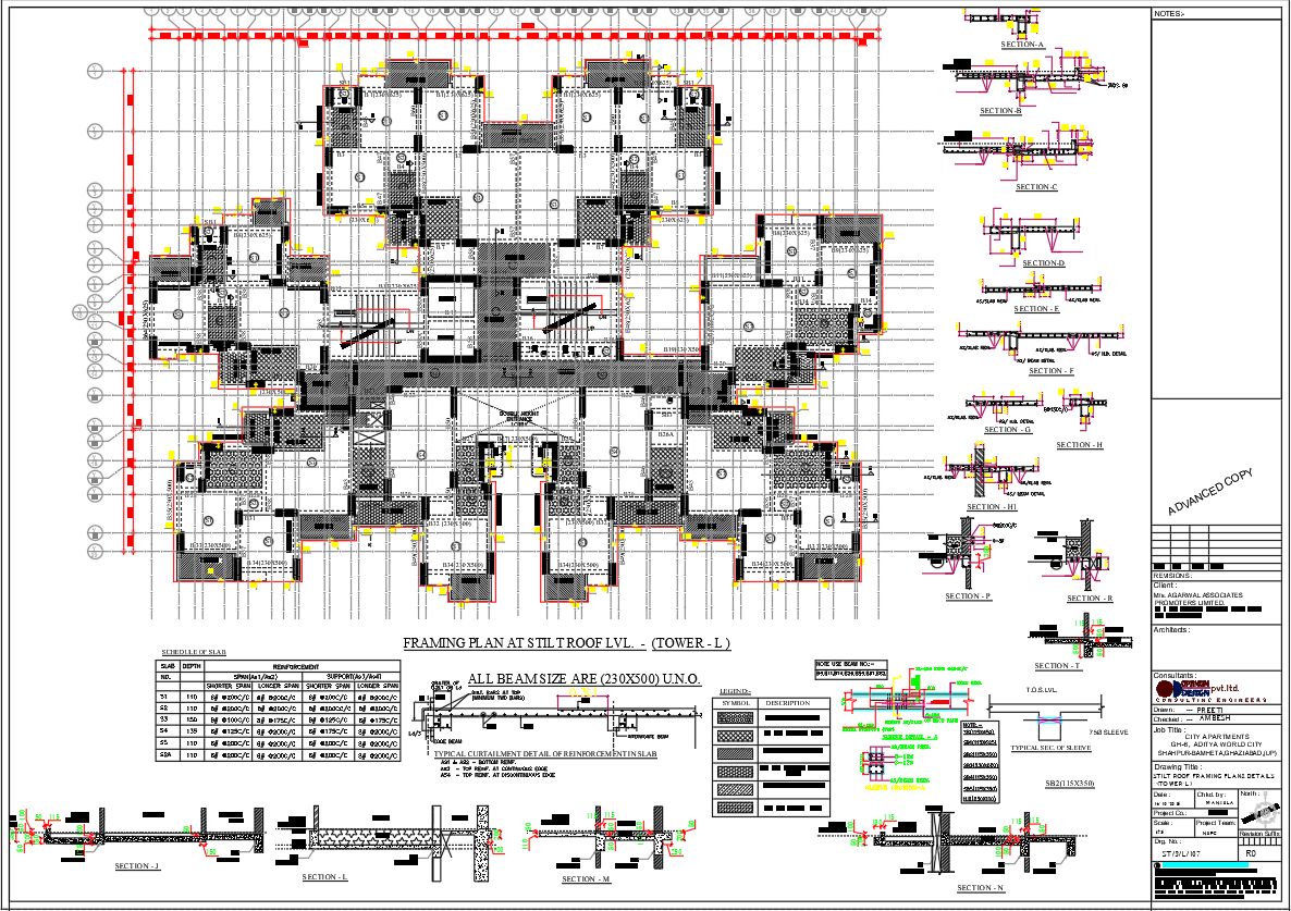 Stilt Roof Framing Plan Tower L with 230x500 230x625 Beam Details DWG