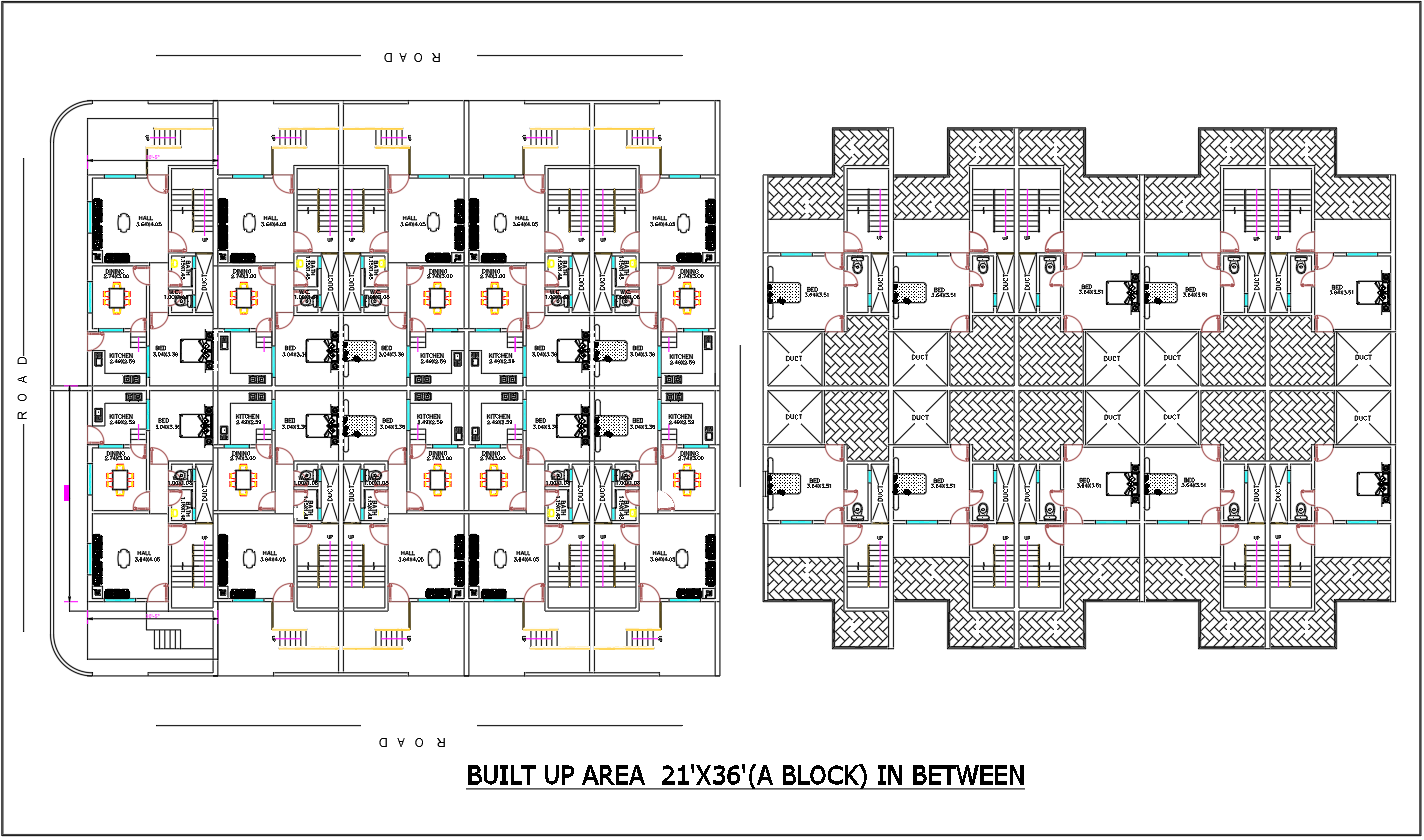 21x36 Row House Bungalow Plan Block Layout with Detailed Rooms