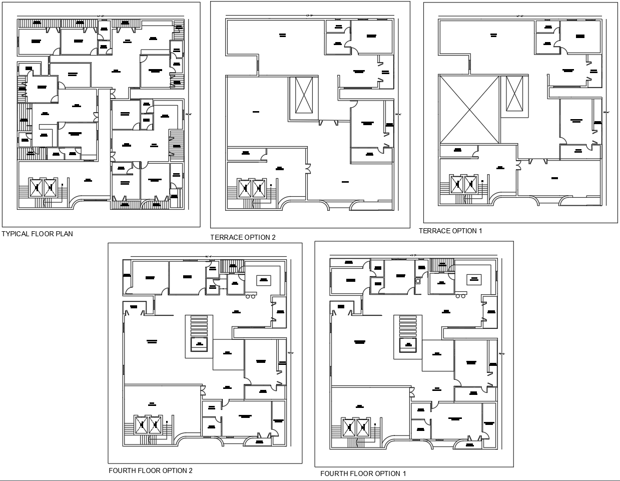 Apartment Typical Terrace Floor Plans with Room Sizes in DWG
