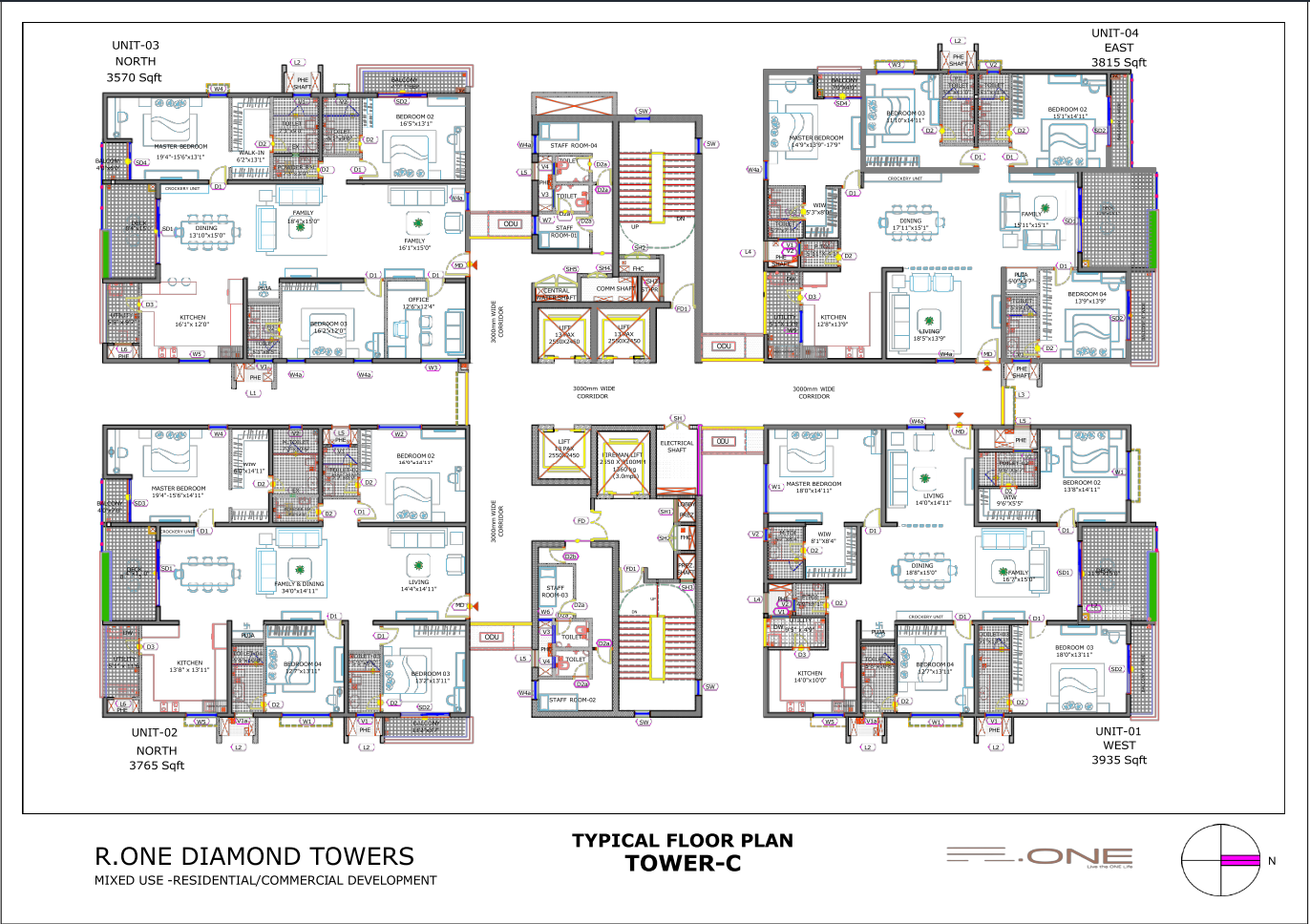 4 BHK Apartment DWG Layout Plan Tower C Units 3570 to 3935 Sqft