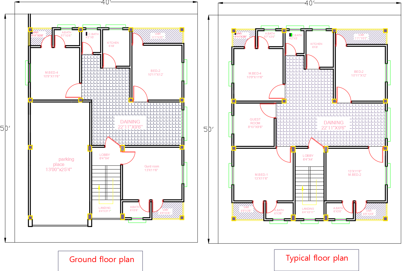 40x50 Residential Ground and Typical Floor Plan DWG Download