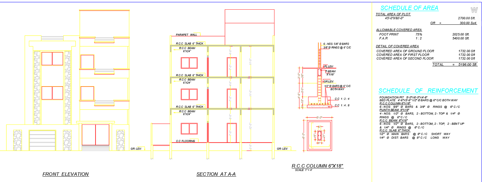45x60 AutoCAD House Plan with Three Floor Layout in DWG Format
