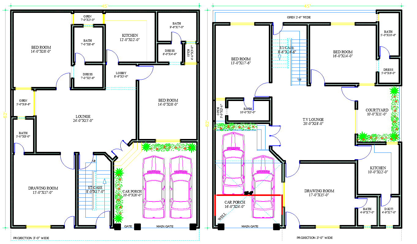 AutoCAD House Plan with Detailed Room Sizes and Car Porch Layout