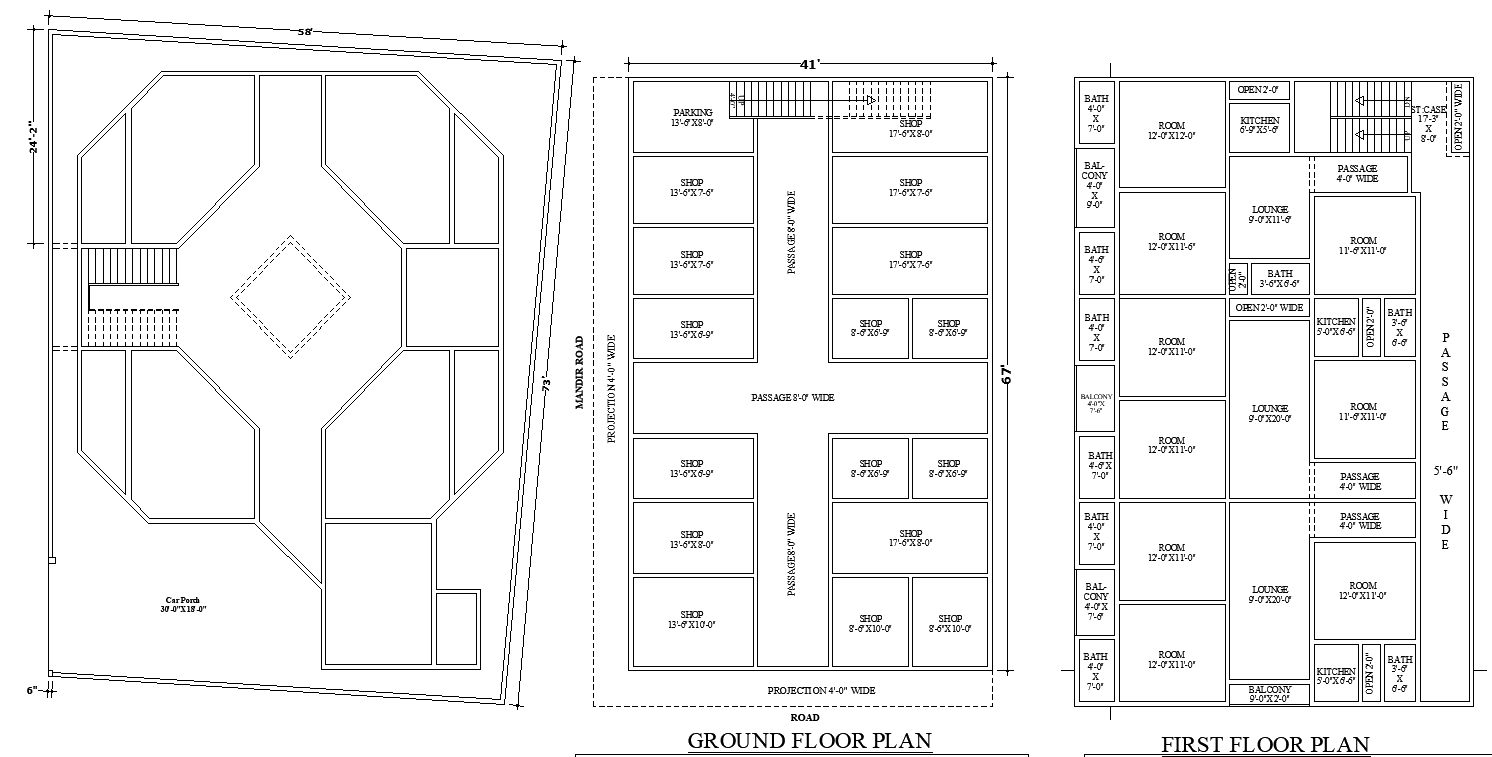 Commercial Building AutoCAD Plan with Multiple Shops and Rooms Layout