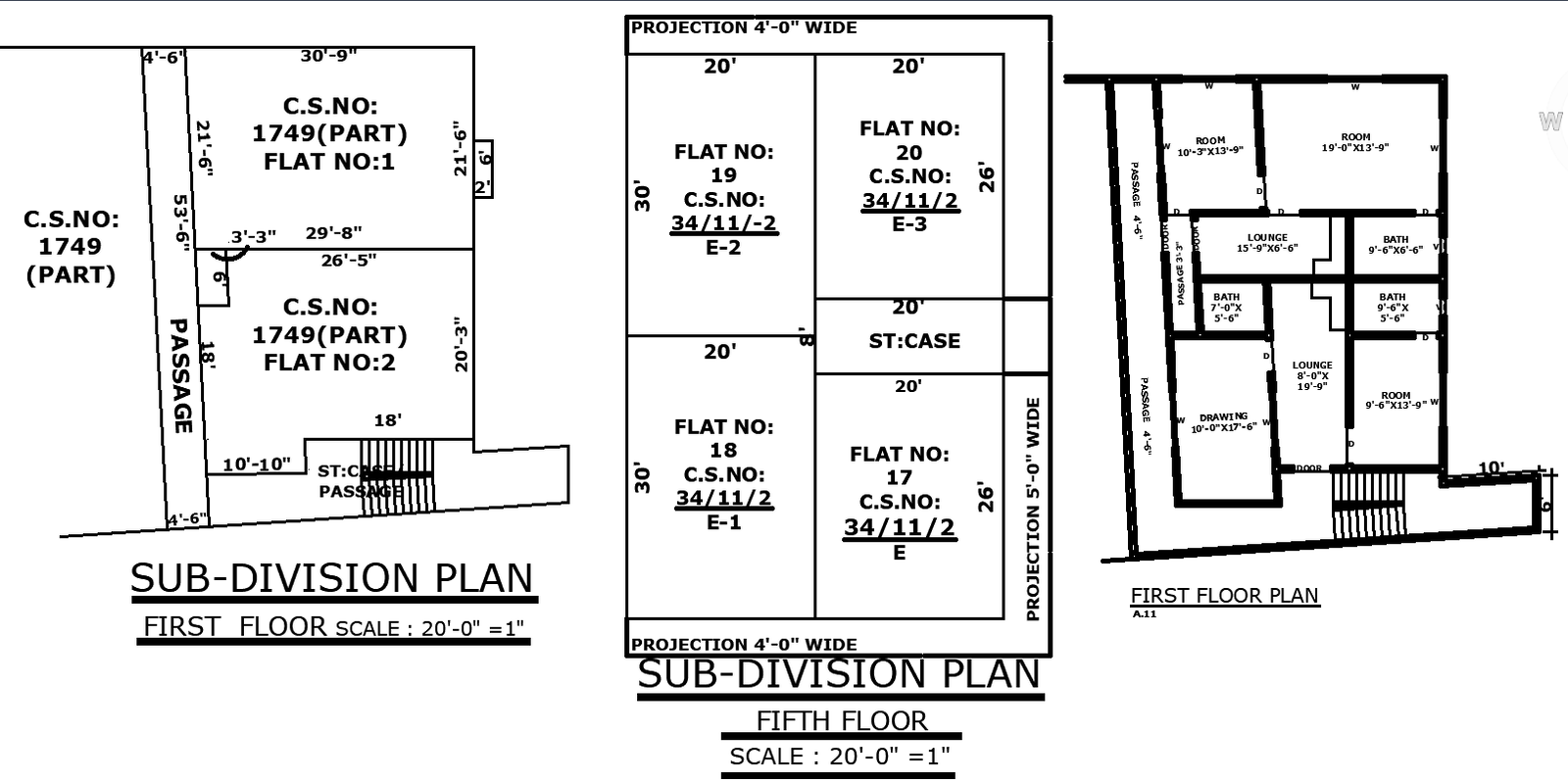 Fifth Floor AutoCAD Subdivision Plan with Flat Layouts 20ft Scale
