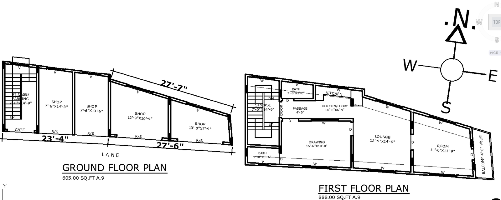 Ground and First Floor AutoCAD Plan with Shops and Room Layout