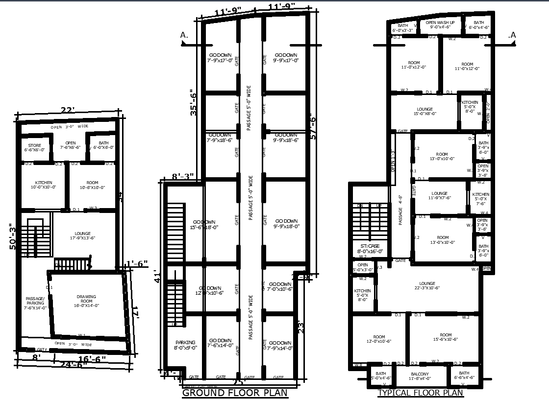 Ground and Typical Floor AutoCAD Plan with Detailed Room Layouts