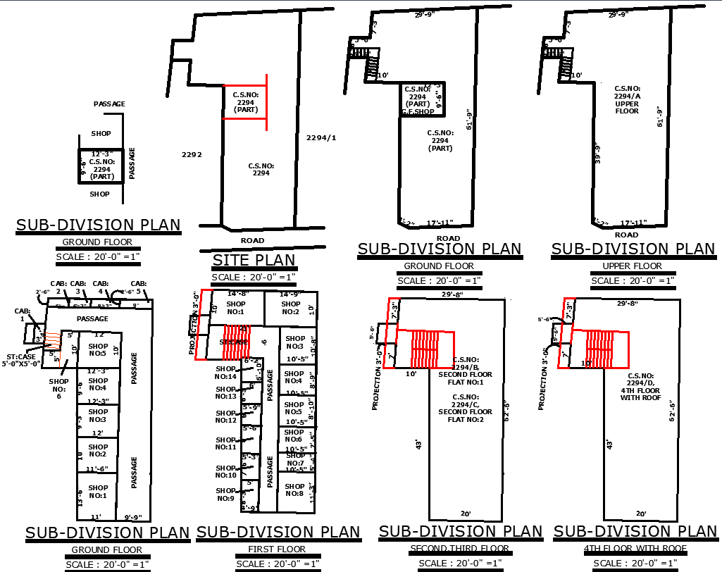 Ground and Upper Floor AutoCAD Subdivision Plan with Shops Layout