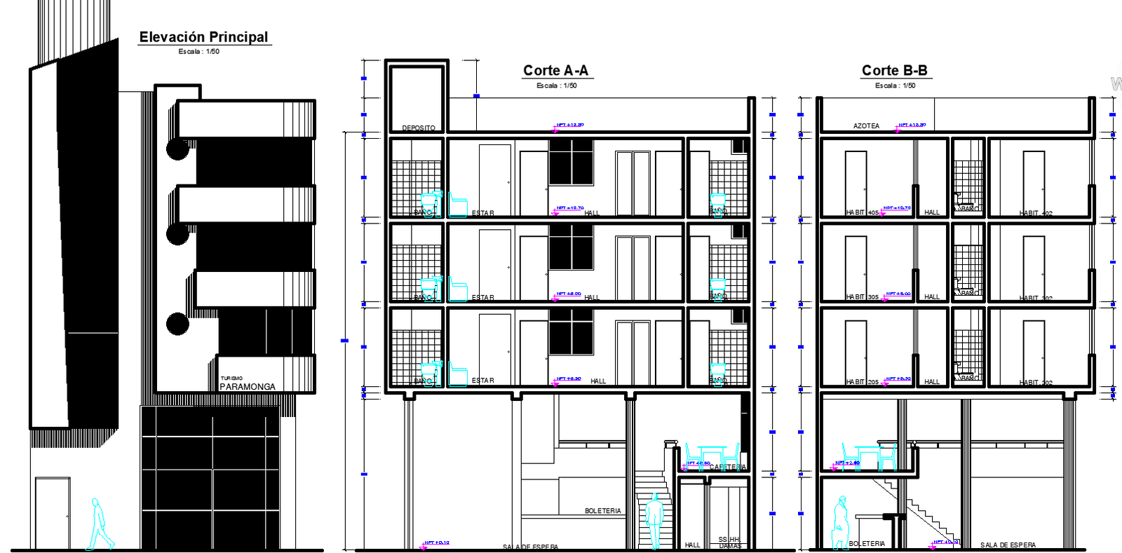 Hostel design DWG with detailed floors sections and elevation plans
