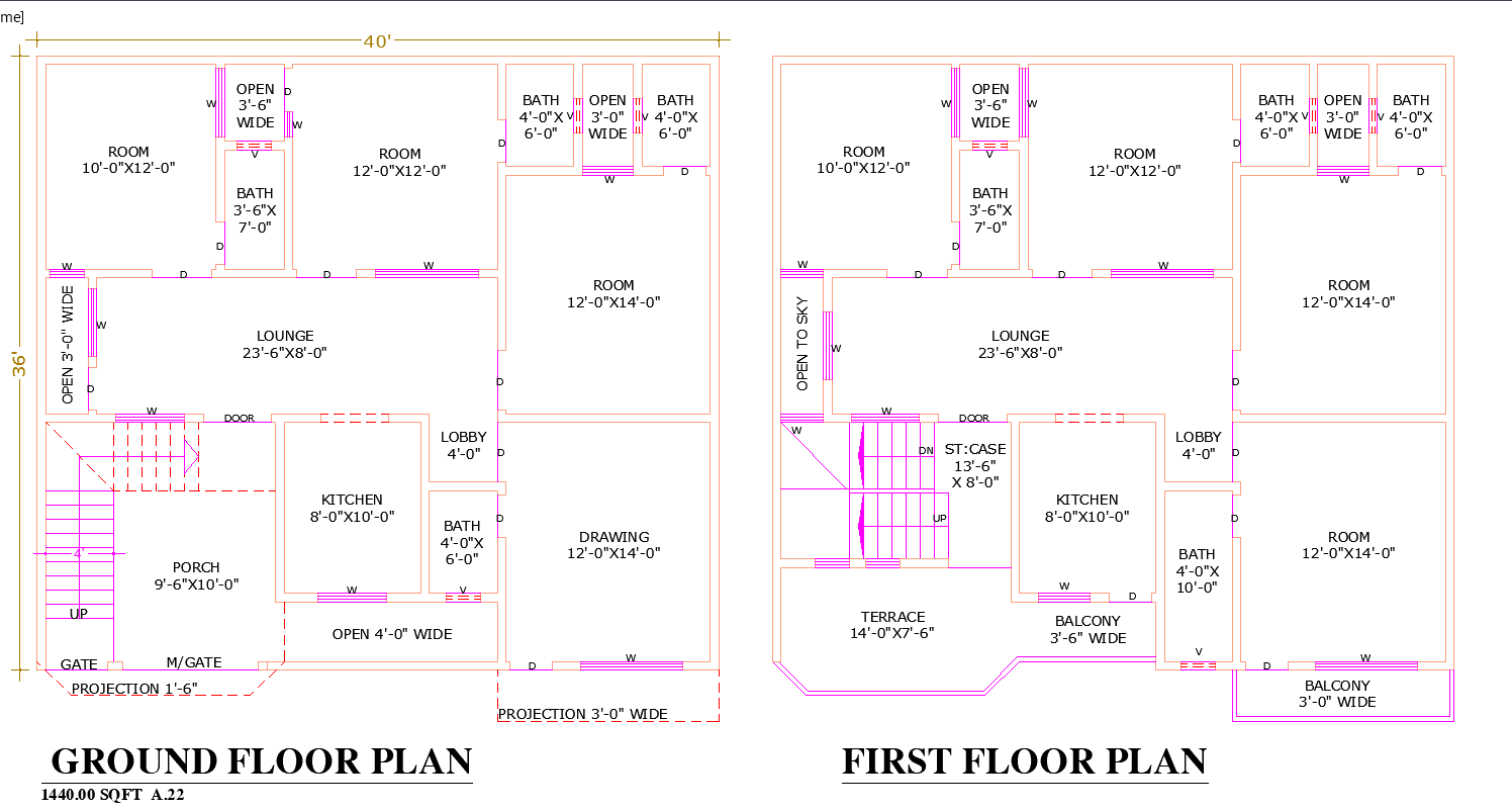House Floorplan AutoCAD Design with Rooms Kitchen Lounge and Bath