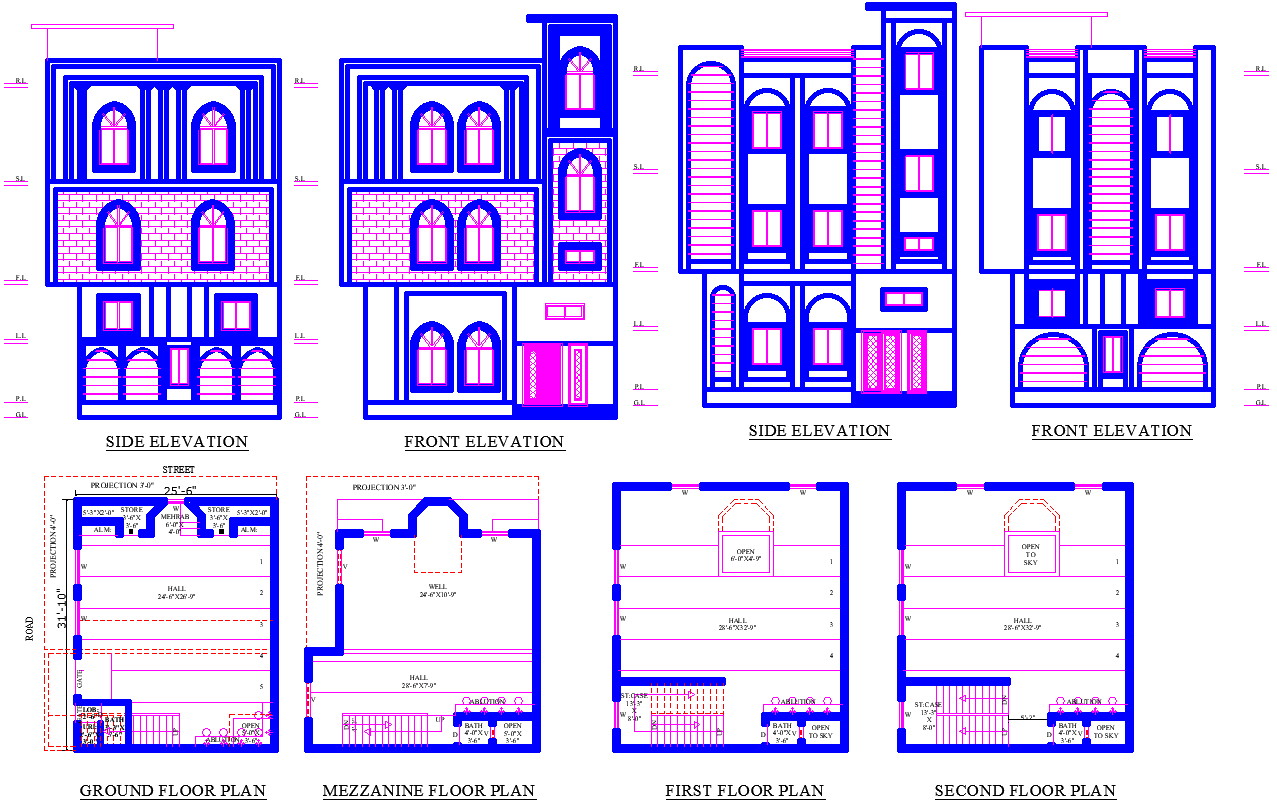 Masjid AutoCAD DWG Building Plan with Hall Mezzanine and Elevations