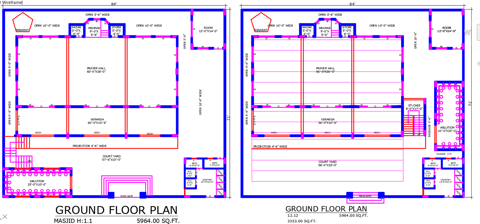 Masjid AutoCAD DWG Floor Plan with Prayer Hall and Ablution Area