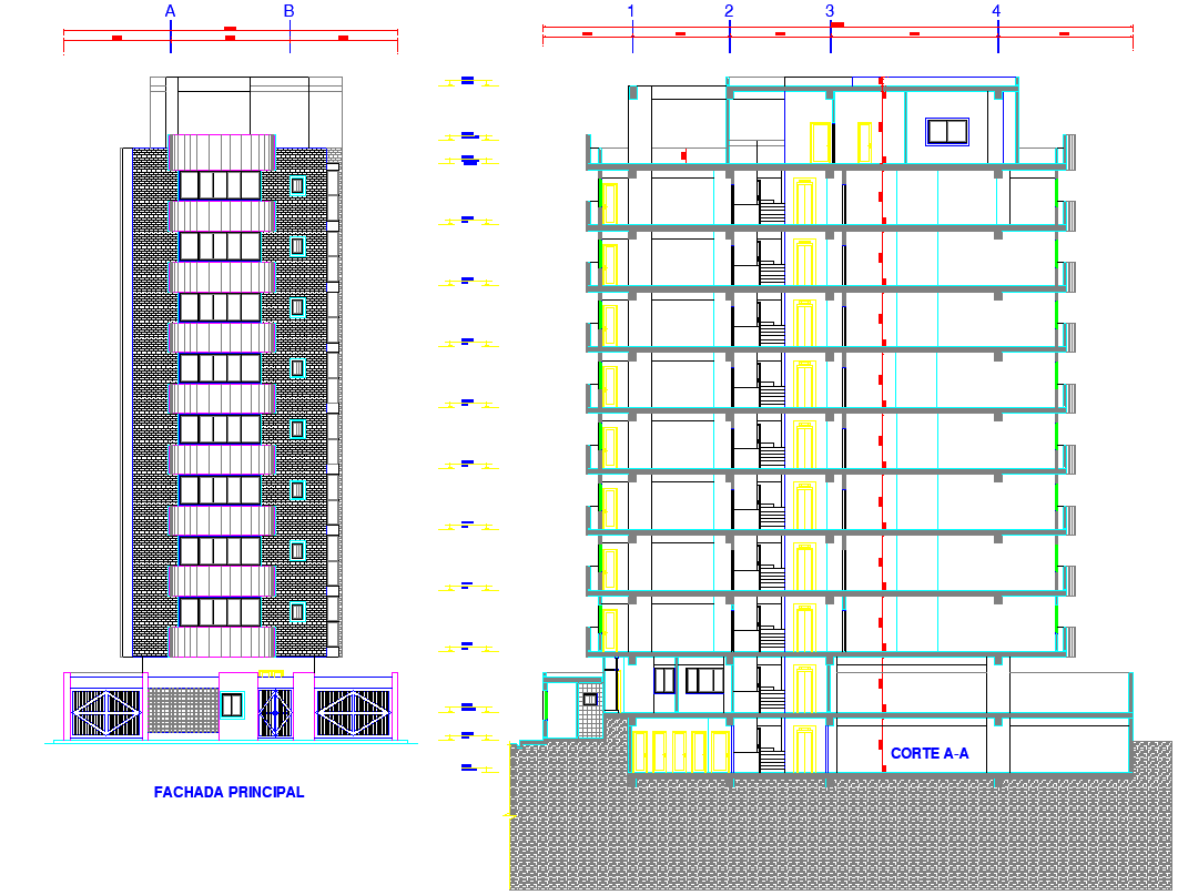 Measured Apartment Building Plans with Elevation and Section Drawings