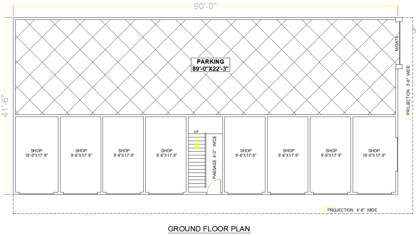 Multi-Floor AutoCAD Building Plan with Shops and Residential Layout