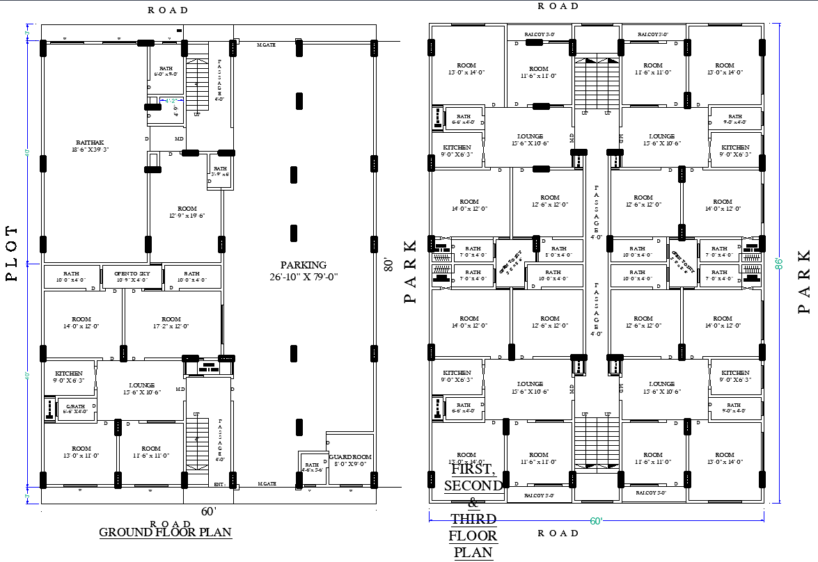 Residential AutoCAD DWG Building Plan with Rooms and Parking Area