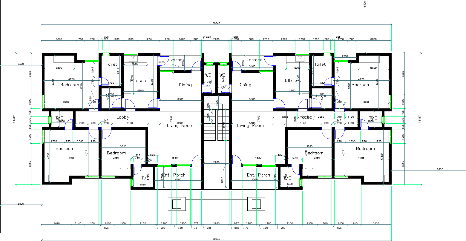 Residential Cad Drawing Floor Plan with Bedrooms Kitchen Dining
