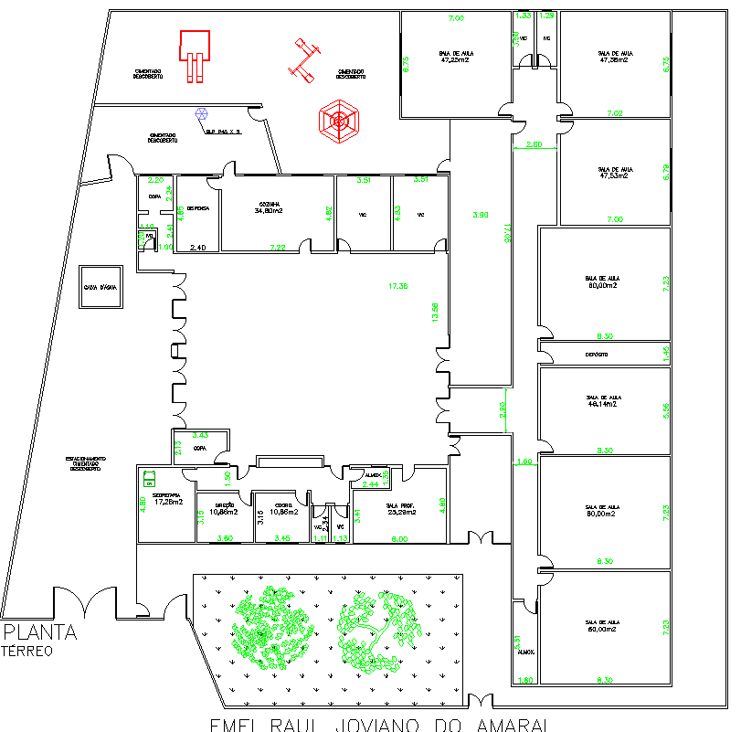 School AutoCAD Plan Featuring 47m2 and 60m2 Classroom Layouts