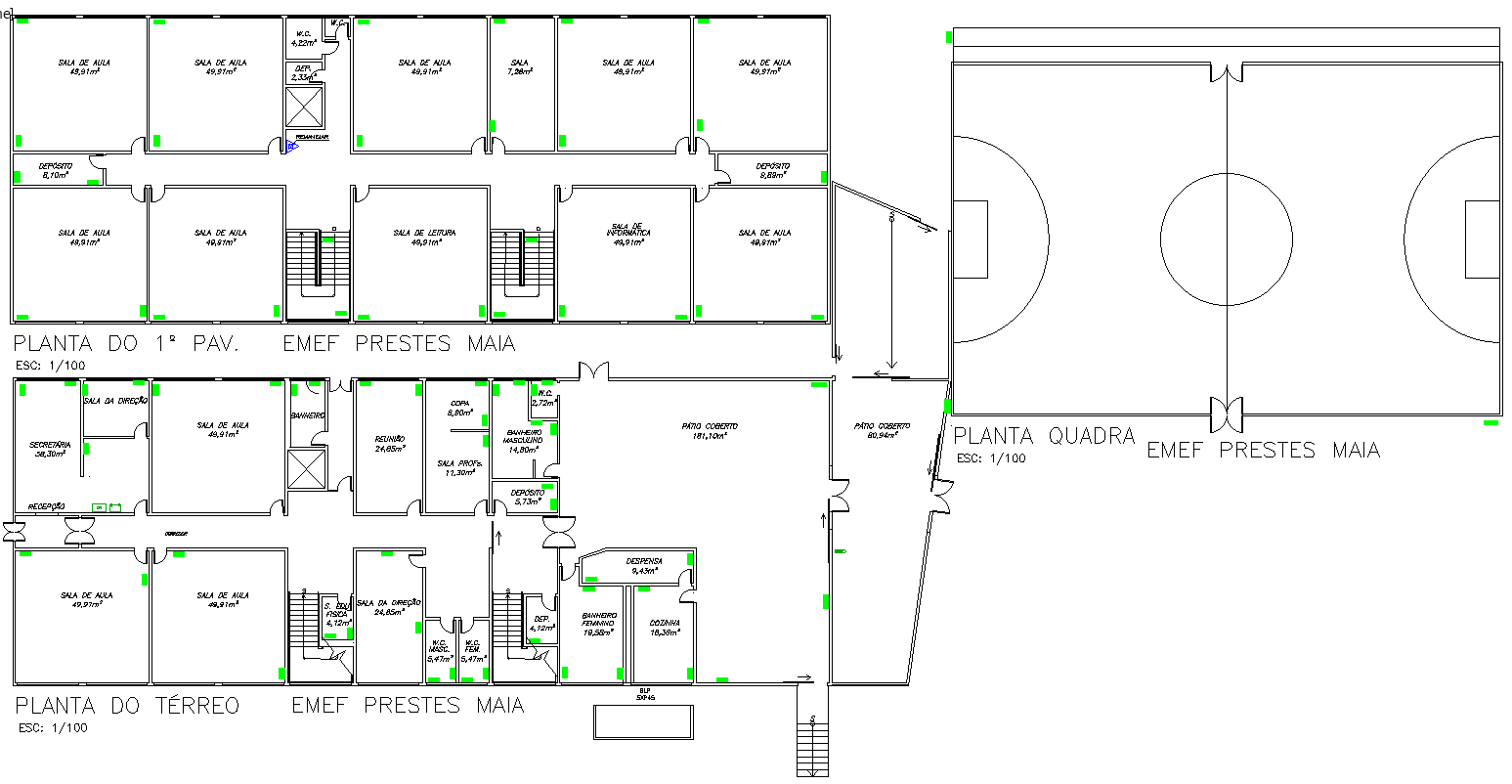 School Building AutoCAD Plan with 48m2 Classrooms and Court Layout
