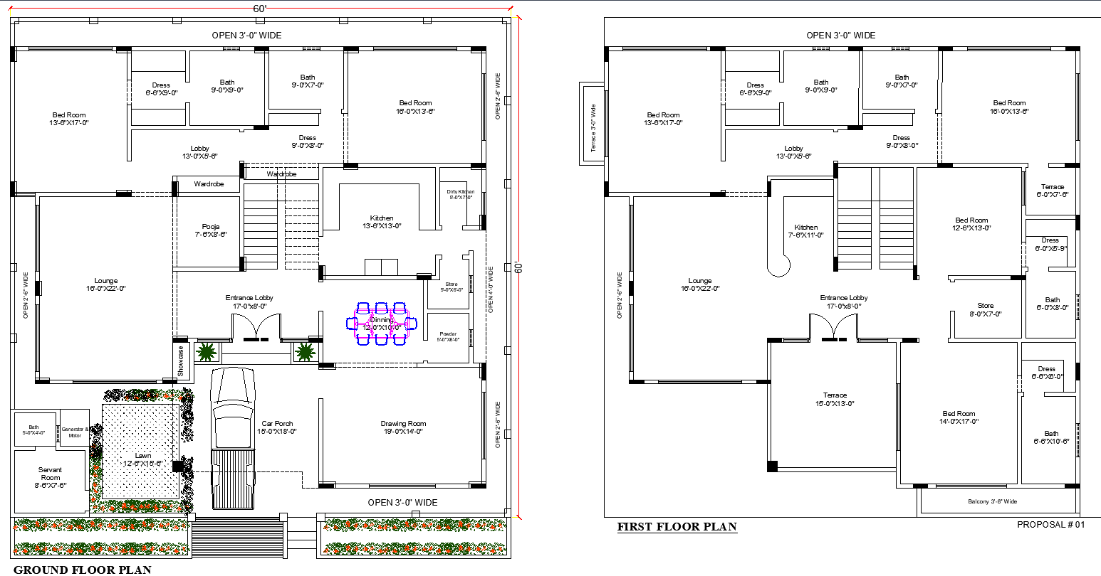 Spacious House CAD DWG Plan with Bedrooms, Lounge Kitchen Lawn