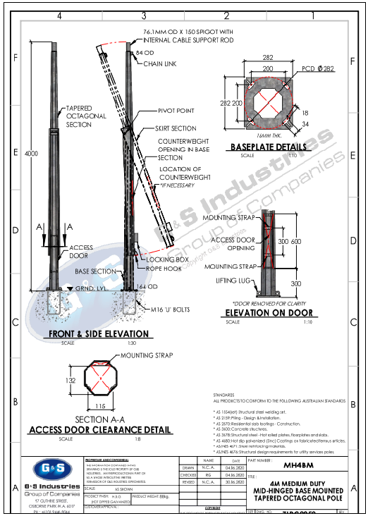 4M Hinged Tapered Pole DWG with 282 mm Baseplate and Access Door