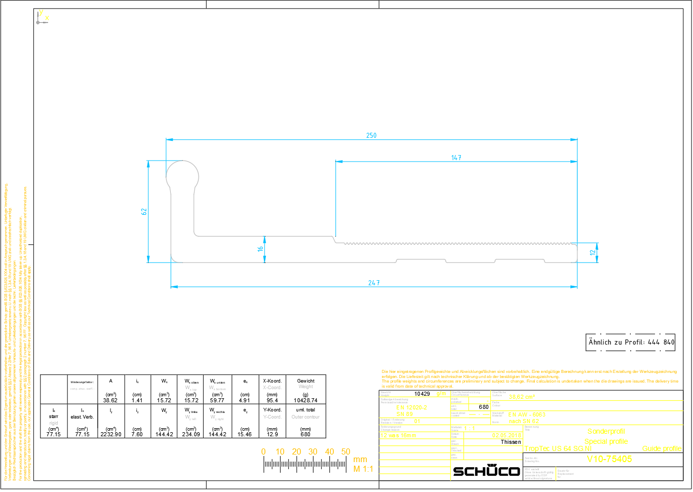 Aluminium guide profile CAD drawing V10 75405 with 250 mm size